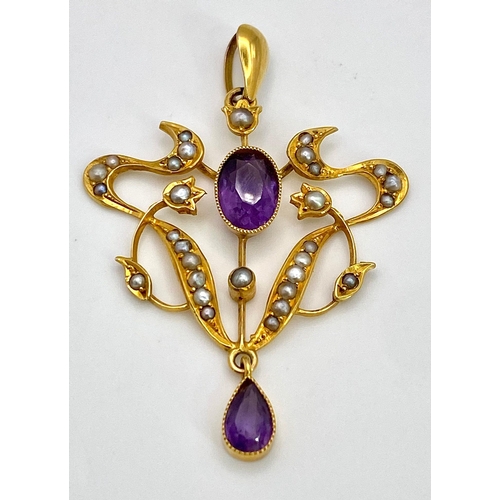 20 - A beautiful ART NOUVEAU 9 K yellow gold pendant with vivid coloured amethysts and natural seed pearl... 