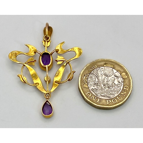 20 - A beautiful ART NOUVEAU 9 K yellow gold pendant with vivid coloured amethysts and natural seed pearl... 