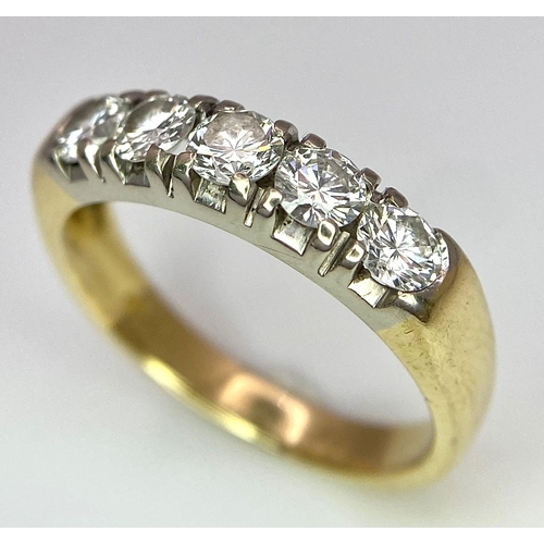 26 - An 18K Yellow Gold Five Stone Diamond Ring. 0.85ctw of brilliant round cut diamonds. Size L. 3.6g to... 