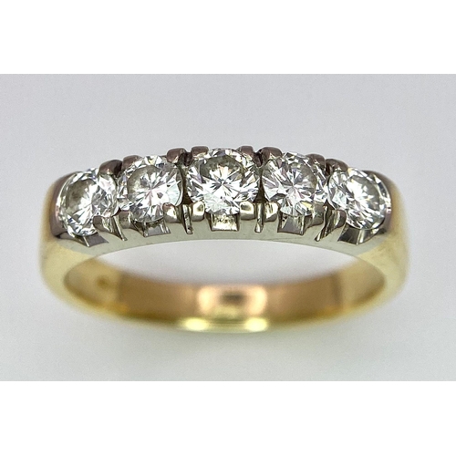 26 - An 18K Yellow Gold Five Stone Diamond Ring. 0.85ctw of brilliant round cut diamonds. Size L. 3.6g to... 