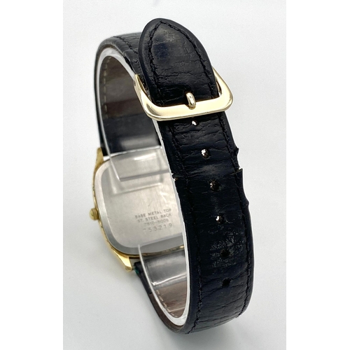 261 - A gold plated, steel SEIKO watch, case: 32 x 29 mm, black dial with gold coloured hour marks and han... 