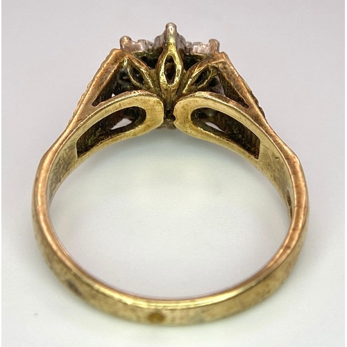 282 - A vintage, 9 K yellow gold ring with a cluster of diamonds. Size: N, weight: 3.4 g.