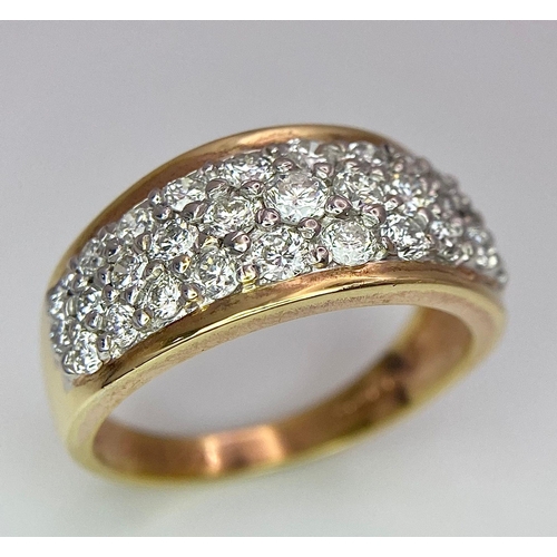 33 - An 18K Yellow Gold Three-Row Cluster Ring. 1ctw. Size M. 5.5g total weight.