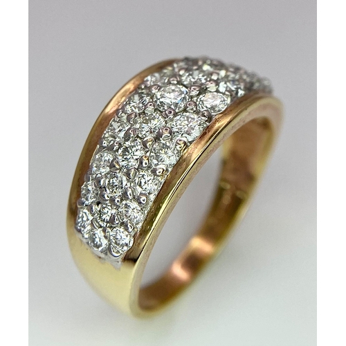 33 - An 18K Yellow Gold Three-Row Cluster Ring. 1ctw. Size M. 5.5g total weight.