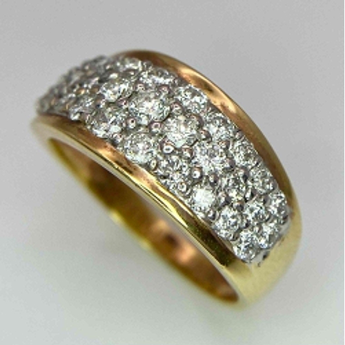 33 - An 18K Yellow Gold Three-Row Cluster Ring. 1ctw. Size M. 5.5g total weight.