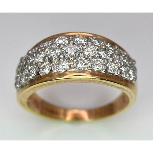 33 - An 18K Yellow Gold Three-Row Cluster Ring. 1ctw. Size M. 5.5g total weight.