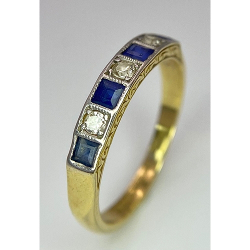 341 - A Vintage 18K Yellow Gold and Platinum Diamond with Sapphires Ring. Size I. 2.1g total weight.