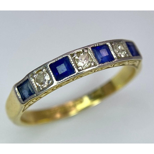 341 - A Vintage 18K Yellow Gold and Platinum Diamond with Sapphires Ring. Size I. 2.1g total weight.