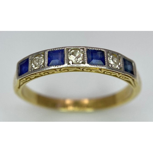 341 - A Vintage 18K Yellow Gold and Platinum Diamond with Sapphires Ring. Size I. 2.1g total weight.