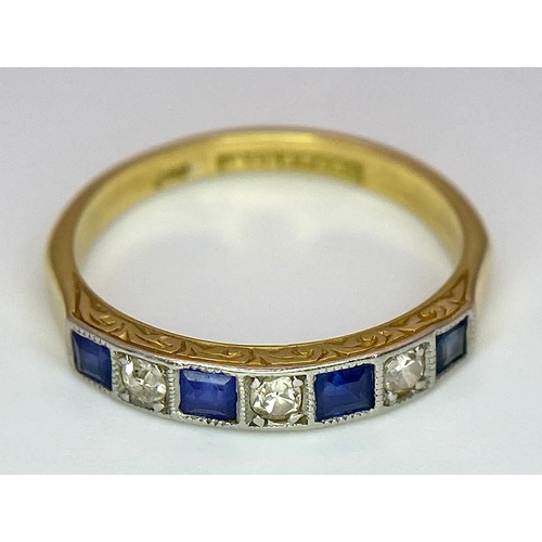 341 - A Vintage 18K Yellow Gold and Platinum Diamond with Sapphires Ring. Size I. 2.1g total weight.