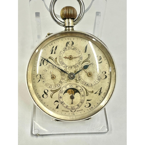 393 - Antique silver gents moonphase calendar pocket watch, working