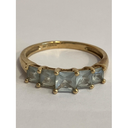 42 - Fabulous 9 carat YELLOW GOLD RING, Set with  5 x PRINCESS CUT AQUAMARINE GEMSTONES. Full UK hallmark... 