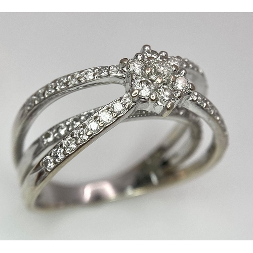 75 - A UNIQUE DESIGNED 18K WHITE GOLD DIAMOND SPLIT RING, APPROX 0.40CT DIAMONDS, WEIGHT 4.9G SIZE O