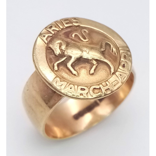 127 - 9K YELLOW GOLD ARIES STAR SIGN ASTROLOGY RING, WEIGHT 5.6G SIZE M