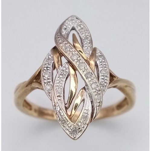 250 - 9K YELLOW GOLD DIAMOND SET KNOTTED FANCY RING, WEIGHT 2.9G SIZE P