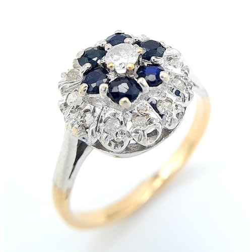 278 - A LOVELY VINTAGE 9K YELLOW GOLD DIAMOND & SAPPHIRE CLUSTER RING, APPROX 0.25CT DIAMONDS, WEIGHT 3.7G... 