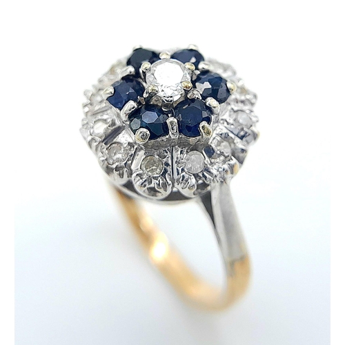 278 - A LOVELY VINTAGE 9K YELLOW GOLD DIAMOND & SAPPHIRE CLUSTER RING, APPROX 0.25CT DIAMONDS, WEIGHT 3.7G... 