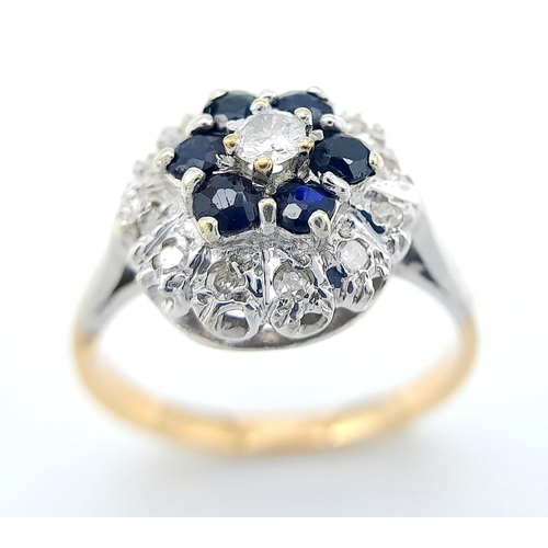 278 - A LOVELY VINTAGE 9K YELLOW GOLD DIAMOND & SAPPHIRE CLUSTER RING, APPROX 0.25CT DIAMONDS, WEIGHT 3.7G... 