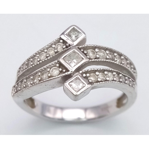 295 - 9K WHITE GOLD FANCY 3 ROW DIAMOND RING, APPROX 0.45CT DIAMONDS, WEIGHT 4.4G SIZE N