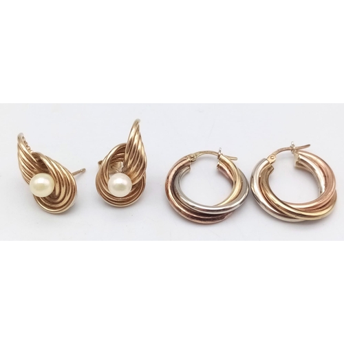 366 - An eclectic selection of seven pairs of 9 K yellow gold earrings with a total weight of 13.8 g.