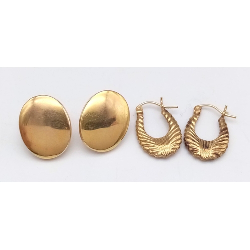 366 - An eclectic selection of seven pairs of 9 K yellow gold earrings with a total weight of 13.8 g.