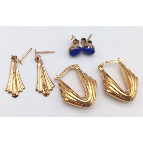 366 - An eclectic selection of seven pairs of 9 K yellow gold earrings with a total weight of 13.8 g.