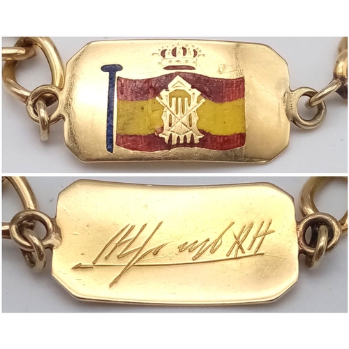 57 - A 9 K yellow gold ID bracelet with the old Spanish flag. Lobster clasp with security chain, weight: ... 