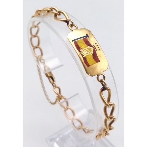 57 - A 9 K yellow gold ID bracelet with the old Spanish flag. Lobster clasp with security chain, weight: ... 