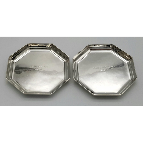 122 - A PAIR OF SILVER DISHES FROM THE ALDERSHOT OFFICERS MESS AND INSCRIBED 