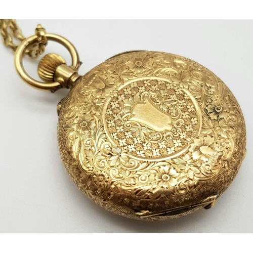 156 - A beautiful 14 K yellow gold half hunter/pendant watch, heavily engraved  on a long (64 cm) 9 k yell... 