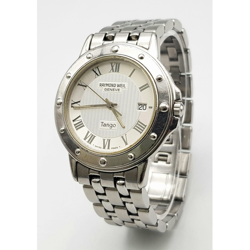 254 - A stainless steel REYMOND WEIL, TANGO gents watch, Case: 36 mm, cream coloured dial with steel hour ... 