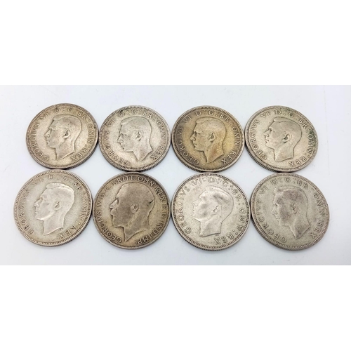 824 - A Parcel of Eight Pre-1947 Silver Two Shilling Coins (Florins) Dates 1922-1946, Including WW2 Period... 