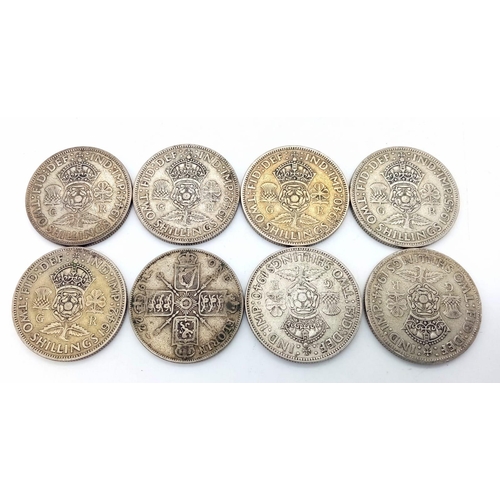 824 - A Parcel of Eight Pre-1947 Silver Two Shilling Coins (Florins) Dates 1922-1946, Including WW2 Period... 