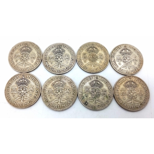 838 - A Parcel of Eight Pre-1947, Silver Two Shilling Coins (Florins) Dates: 2 x 1940, 3 x 1942, 3 x 1945.... 