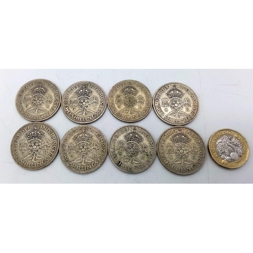 838 - A Parcel of Eight Pre-1947, Silver Two Shilling Coins (Florins) Dates: 2 x 1940, 3 x 1942, 3 x 1945.... 