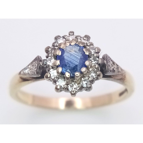 141 - 9K YELLOW GOLD DIAMOND & BLUE STONE CLUSTER RING , WEIGHT 2.7G SIZE P