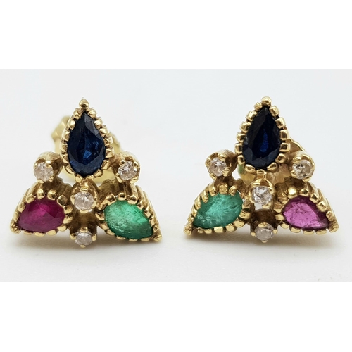 167 - A PRETTY PAIR OF 14K YELLOW GOLD DIAMOND, RUBY, SAPPHIRE & EMERALD STUD EARRINGS, WEIGHT 3.3G