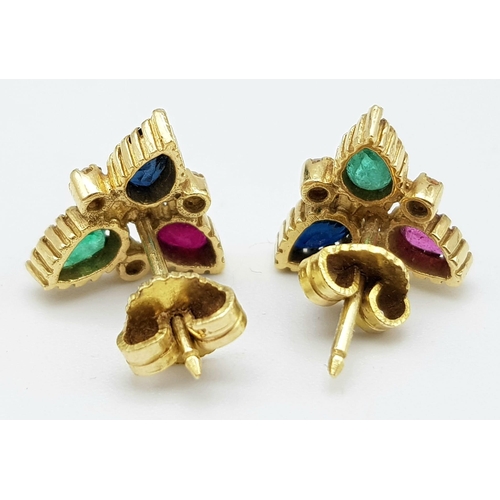 167 - A PRETTY PAIR OF 14K YELLOW GOLD DIAMOND, RUBY, SAPPHIRE & EMERALD STUD EARRINGS, WEIGHT 3.3G