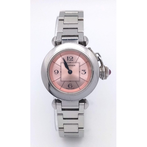 32 - A Pasha De Cartier Quartz Ladies Watch. Stainless steel bracelet and case - 28mm. Metallic pink dial... 