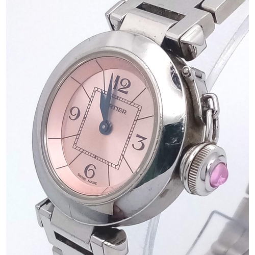 32 - A Pasha De Cartier Quartz Ladies Watch. Stainless steel bracelet and case - 28mm. Metallic pink dial... 