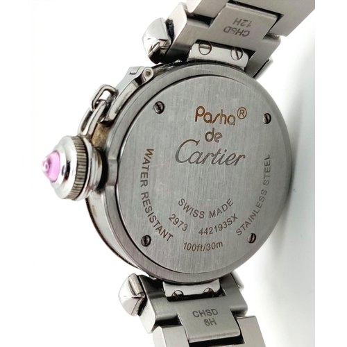 32 - A Pasha De Cartier Quartz Ladies Watch. Stainless steel bracelet and case - 28mm. Metallic pink dial... 