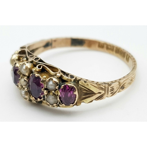 544 - A 9 k yellow gold ring with oval cut amethysts and seed pearls. Size: p, weight; 1.9 g.