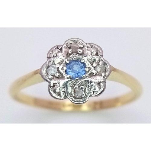 185 - A vintage, 18 K yellow gold and platinum ring with a blue sapphire surrounded by diamonds, size: Q, ... 