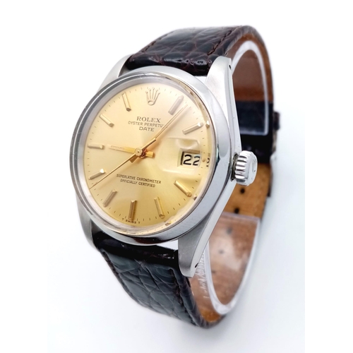 25 - A Rolex Model 1500 Oyster Perpetual Date Automatic Gents Watch. Brown leather strap. stainless steel... 