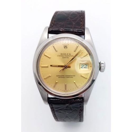 25 - A Rolex Model 1500 Oyster Perpetual Date Automatic Gents Watch. Brown leather strap. stainless steel... 