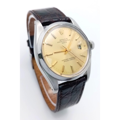 25 - A Rolex Model 1500 Oyster Perpetual Date Automatic Gents Watch. Brown leather strap. stainless steel... 