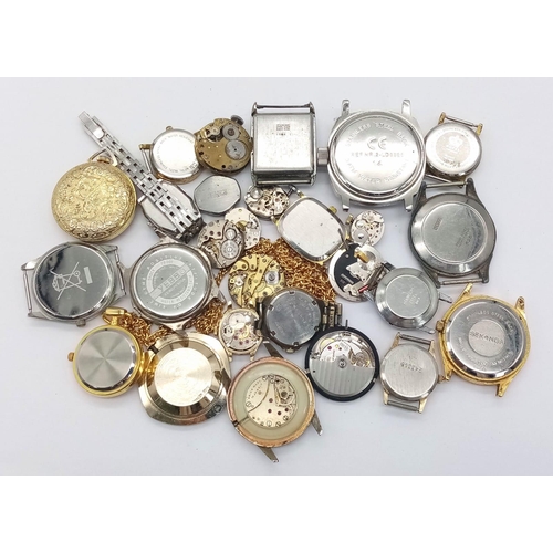 418 - 18 Watch Cases with Movements PLUS Nine Loose Watch Movements. Great for spare parts.