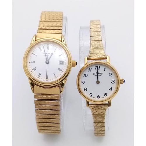 439 - Two Gold Plated Quartz Watches - Rotary (needs a battery) and Sekonda - working.