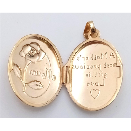 460 - A 9K Yellow Gold 'Mum' Engraved Locket. 2.5cm. 1.8g weight.