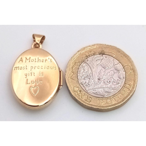 460 - A 9K Yellow Gold 'Mum' Engraved Locket. 2.5cm. 1.8g weight.